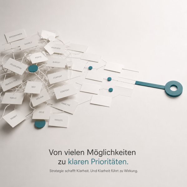 Eine wilde Wolke mit Notizen zu Markt, Ziele, SEO, Content, Zielgruppen, Budget, Kanäle etc. geht über in eine geordnete Sortierung und führt zu einem petrol-farbenen Kreis, der das Unternehmen und die Marke repräsentiert.